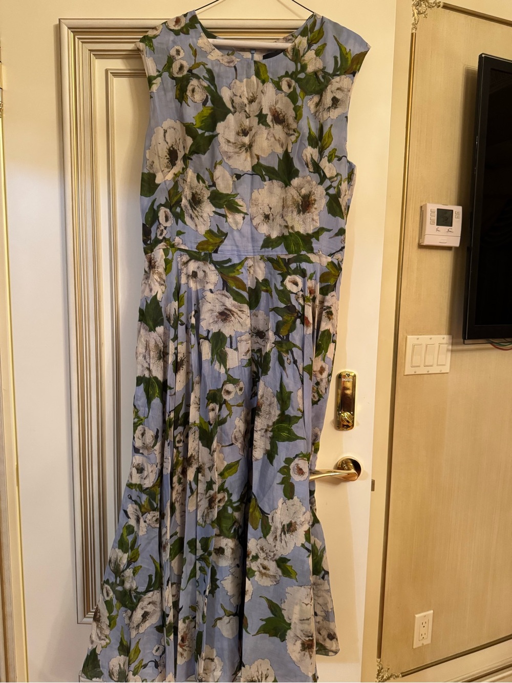 SAMANTHA SUNG Sky Blue Floral Midi Dress with White Blooms